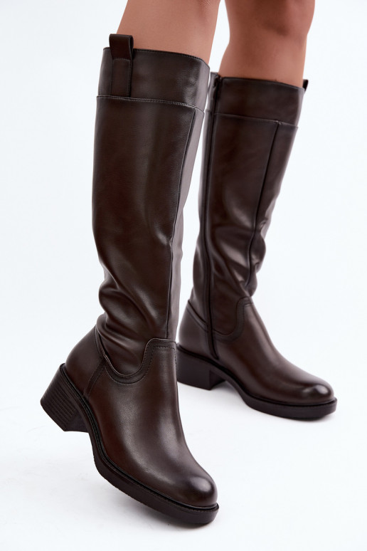 Botas largas de tacón bajo Zazoo KZ-22 en color chocolate