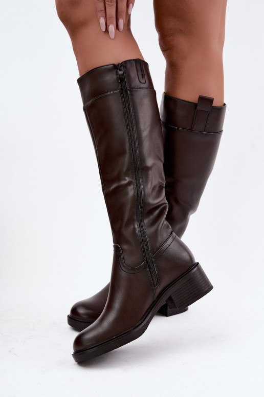 Botas largas de tacón bajo Zazoo KZ-22 en color chocolate