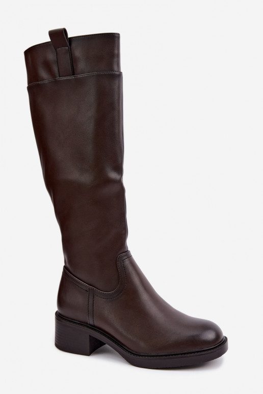 Botas largas de tacón bajo Zazoo KZ-22 en color chocolate