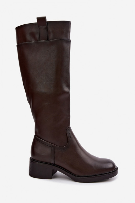 Botas largas de tacón bajo Zazoo KZ-22 en color chocolate