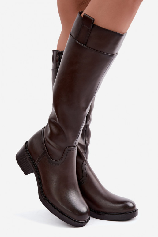 Botas largas de tacón bajo Zazoo KZ-22 en color chocolate