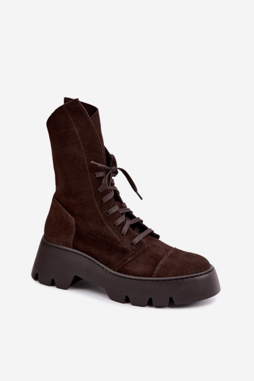 Botines de trabajo para mujer en color marrón oscuro de ante sintético Zazoo 976