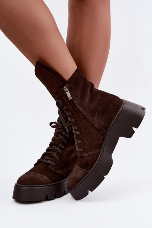 Botines de trabajo para mujer en color marrón oscuro de ante sintético Zazoo 976