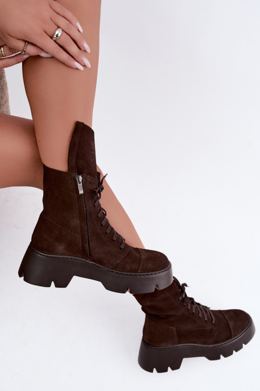 Botines de trabajo para mujer en color marrón oscuro de ante sintético Zazoo 976