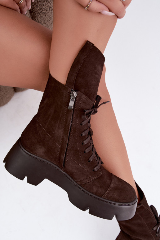 Botines de trabajo para mujer en color marrón oscuro de ante sintético Zazoo 976
