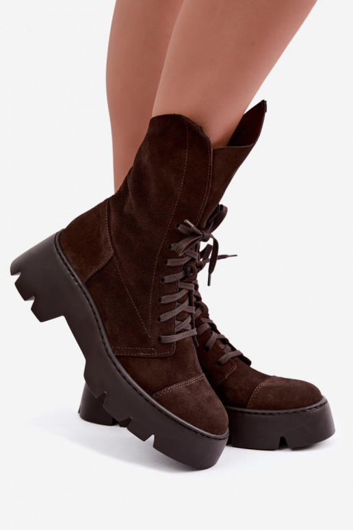 Botines de trabajo para mujer en color marrón oscuro de ante sintético Zazoo 976
