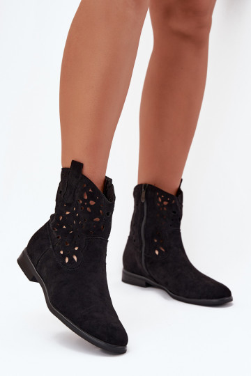 Botines de mujer con elementos calados y tacones anchos en ante sintético negro Athera 2