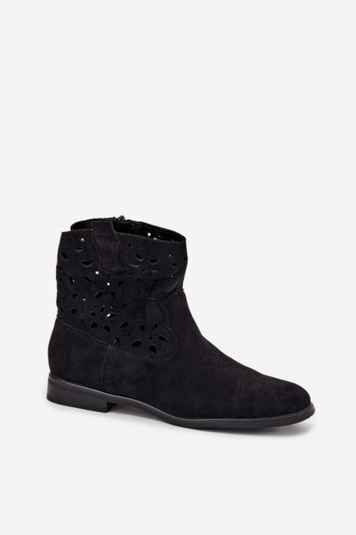 Botines de mujer con elementos calados y tacones anchos en ante sintético negro Athera