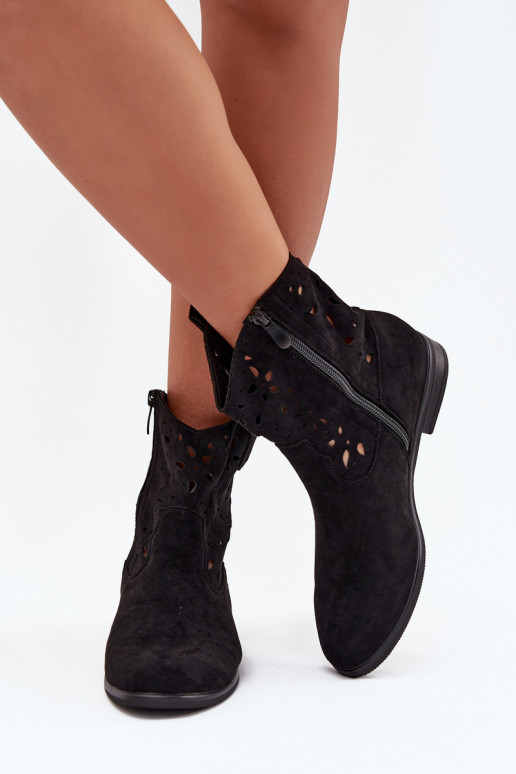 Botines de mujer con elementos calados y tacones anchos en ante sintético negro Athera
