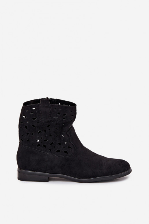 Botines de mujer con elementos calados y tacones anchos en ante sintético negro Athera