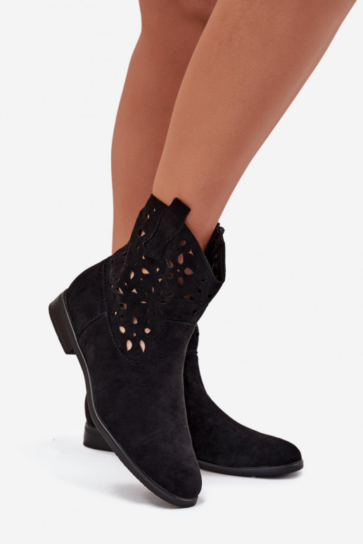 Botines de mujer con elementos calados y tacones anchos en ante sintético negro Athera