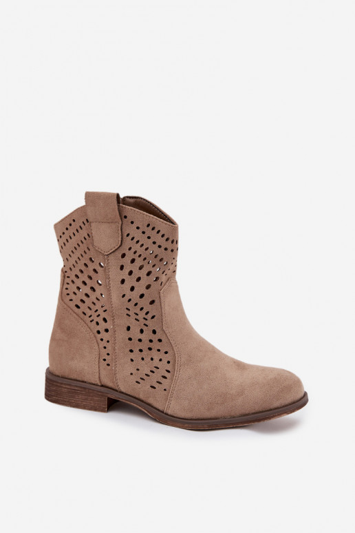 Botines de mujer con calados y tacones anchos en color arena Amisna