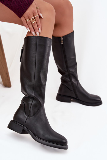 Botas negras de cuero sintético para mujer hasta la rodilla con tacones anchos y forro D&A JC62-1036