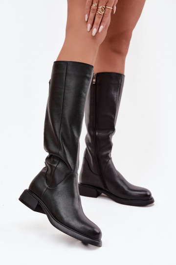 Botas negras de cuero sintético para mujer hasta la rodilla con tacones anchos y forro D&A JC62-1036 2
