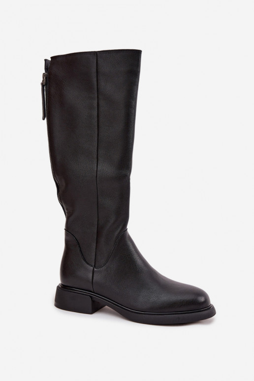 Botas negras de cuero sintético para mujer hasta la rodilla con tacones anchos y forro D&A JC62-1036