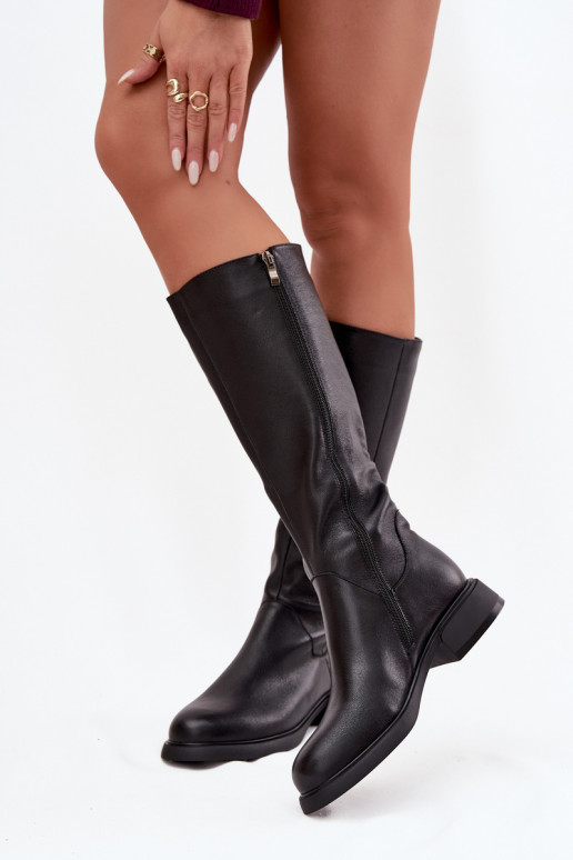 Botas negras de cuero sintético para mujer hasta la rodilla con tacones anchos y forro D&A JC62-1036