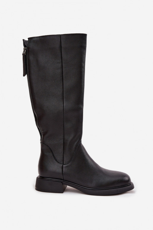 Botas negras de cuero sintético para mujer hasta la rodilla con tacones anchos y forro D&A JC62-1036