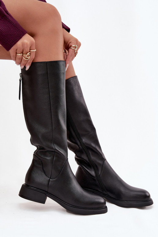 Botas negras de cuero sintético para mujer hasta la rodilla con tacones anchos y forro D&A JC62-1036
