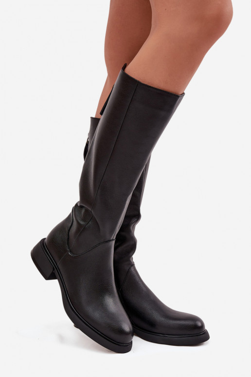 Botas negras de cuero sintético para mujer hasta la rodilla con tacones anchos y forro D&A JC62-1036