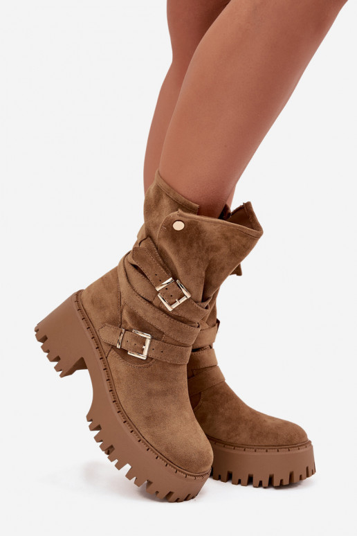 Botines de mujer en color caqui con tacones gruesos, hebillas y correas Nerelisa