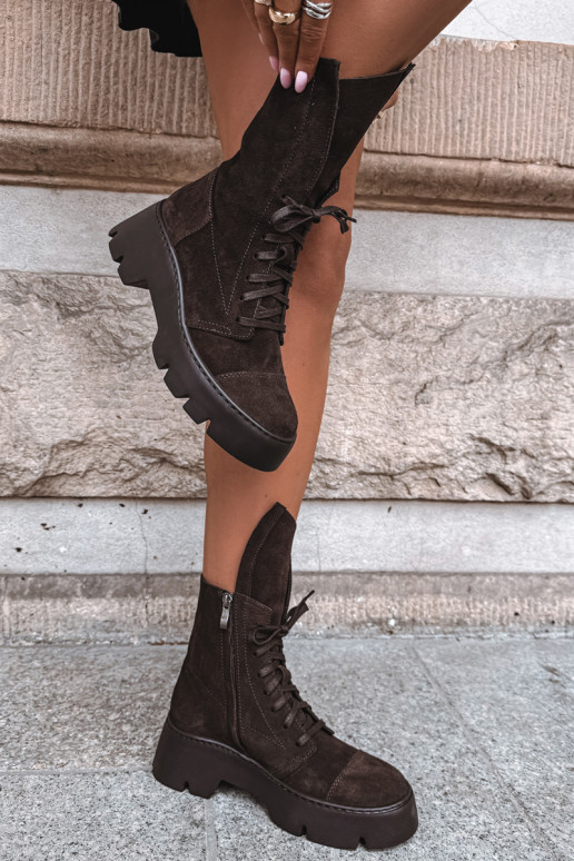Botines de trabajo para mujer en color marrón oscuro de ante sintético Zazoo 976