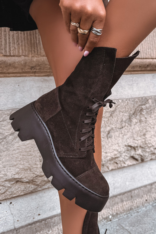 Botines de trabajo para mujer en color marrón oscuro de ante sintético Zazoo 976