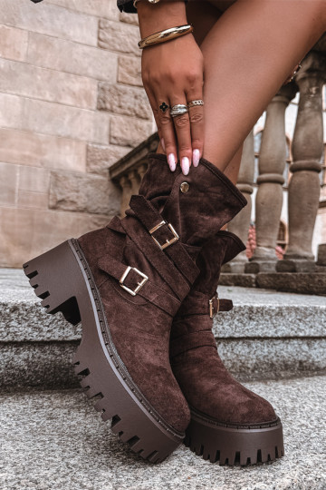 Botines para mujer con tacones gruesos, hebillas y cintas, color chocolate, Nerelisa
