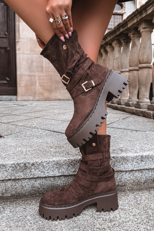 Botines para mujer con tacones gruesos, hebillas y cintas, color chocolate, Nerelisa