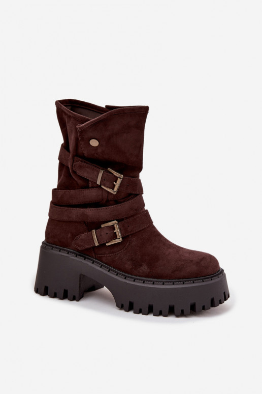 Botines para mujer con tacones gruesos, hebillas y cintas, color chocolate, Nerelisa