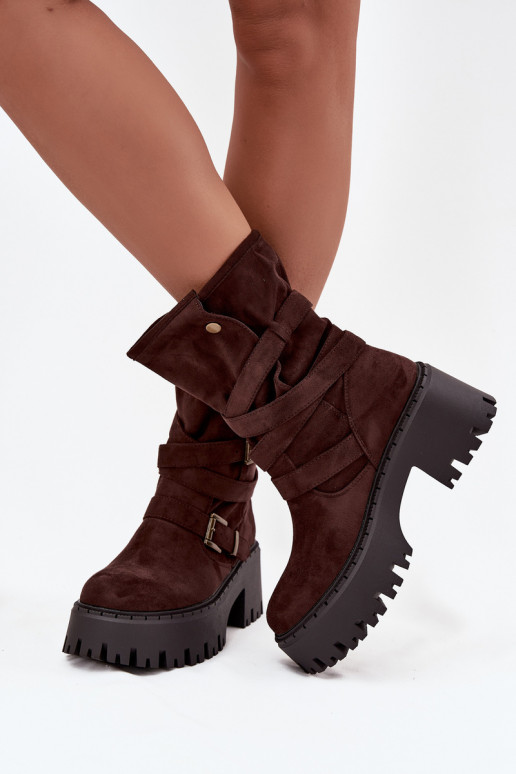 Botines para mujer con tacones gruesos, hebillas y cintas, color chocolate, Nerelisa