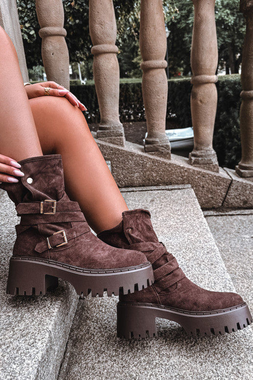 Botines para mujer con tacones gruesos, hebillas y cintas, color chocolate, Nerelisa