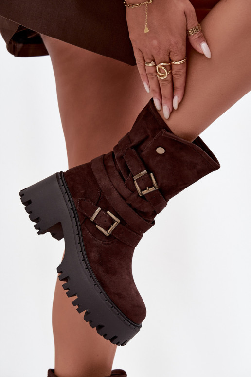 Botines para mujer con tacones gruesos, hebillas y cintas, color chocolate, Nerelisa