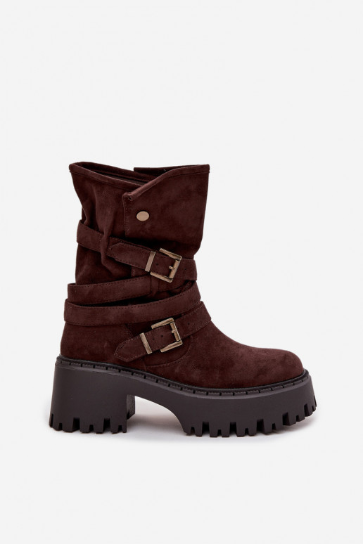 Botines para mujer con tacones gruesos, hebillas y cintas, color chocolate, Nerelisa