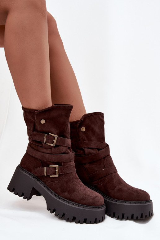 Botines para mujer con tacones gruesos, hebillas y cintas, color chocolate, Nerelisa