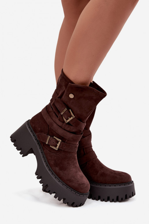 Botines para mujer con tacones gruesos, hebillas y cintas, color chocolate, Nerelisa