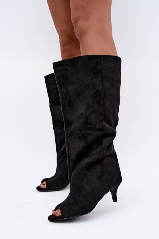 Botas negras con punta abierta en tacón delgado Velise