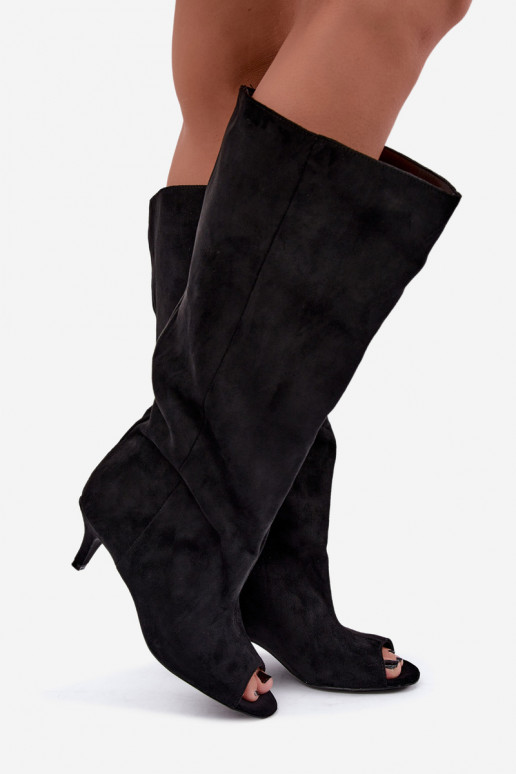 Botas negras con punta abierta en tacón delgado Velise