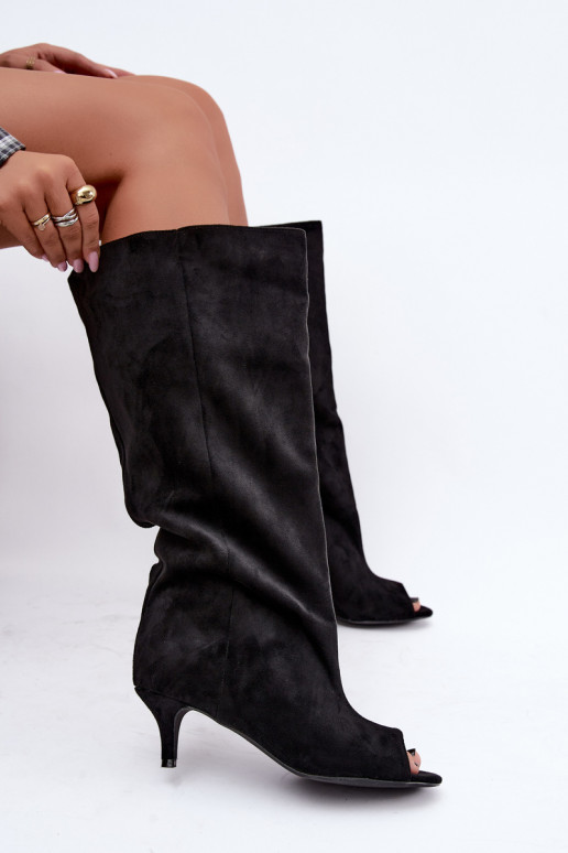 Botas negras con punta abierta en tacón delgado Velise