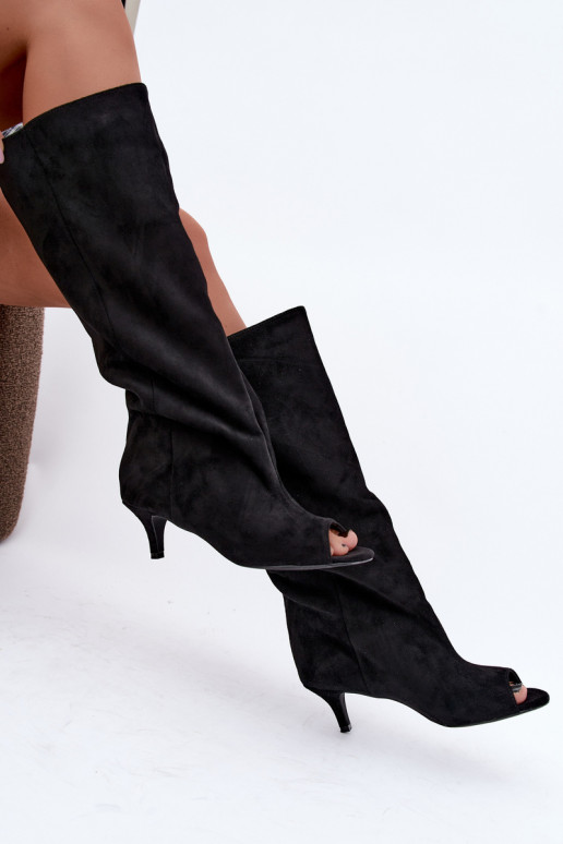 Botas negras con punta abierta en tacón delgado Velise