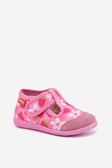 Zapatillas infantiles Milami con cierres adhesivos y fresas y flores en rosa Jasimrra