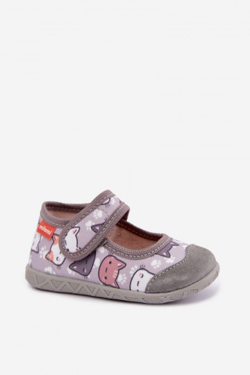 Zapatillas infantiles Milami con cierres adhesivos y gatos en gris Esnia