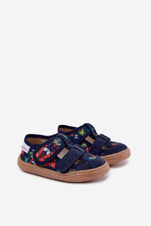 Zapatillas infantiles Barefoot Milami con patrones de jungla en azul oscuro Lumi