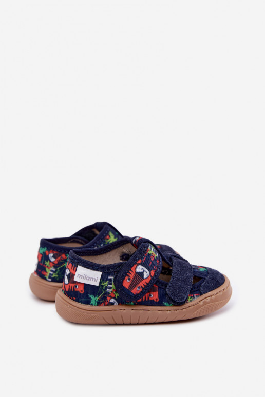 Zapatillas infantiles Barefoot Milami con patrones de jungla en azul oscuro Lumi