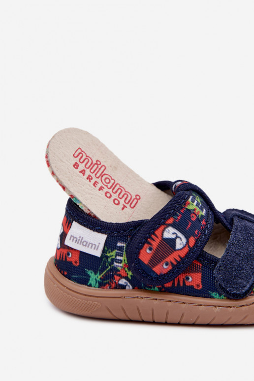 Zapatillas infantiles Barefoot Milami con patrones de jungla en azul oscuro Lumi