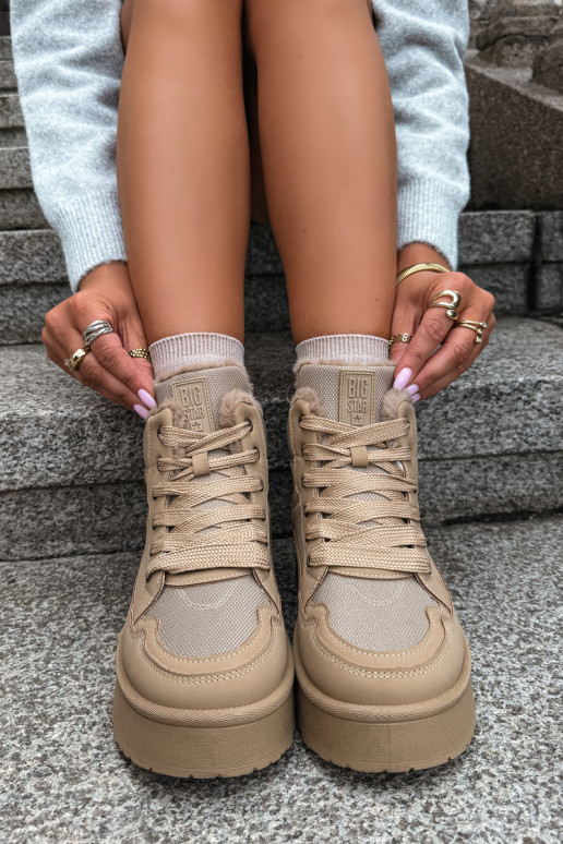 Botas de nieve para mujer con cordones y pelo color arena Big Star