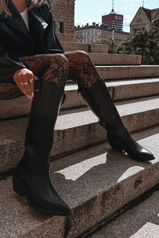 botas altas de cuero natural para mujeres con tacón bajo aisladas Big Star UU274521 color negro