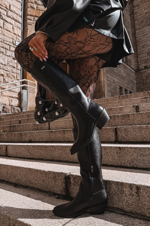 botas altas de cuero natural para mujeres con tacón bajo aisladas Big Star UU274521 color negro