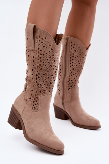 botas altas con elementos recortados en estilo vaquero con tacones S.Barski HY62-8126 en color arena