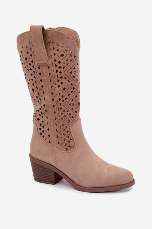 botas altas con elementos recortados en estilo vaquero con tacones S.Barski HY62-8126 en color arena
