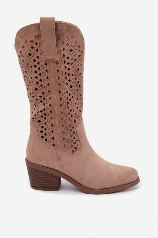 botas altas con elementos recortados en estilo vaquero con tacones S.Barski HY62-8126 en color arena